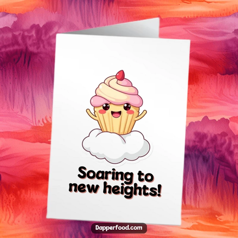 Funny Free Printable Congratulations Card: A beaming Kawaii cupcake joyfully bouncing high on a fluffy cloud. Downloadable art.