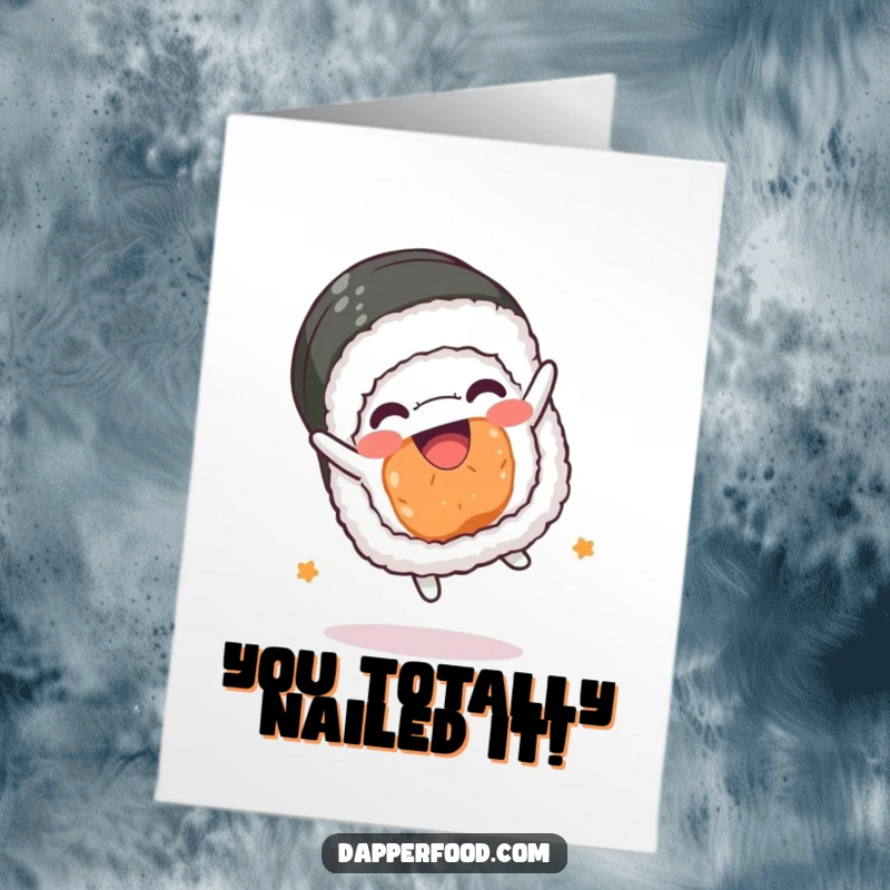 Funny Free Printable Congratulations Card: Kawaii sushi roll gleefully performing a somersault, celebrating success. Downloadable art.