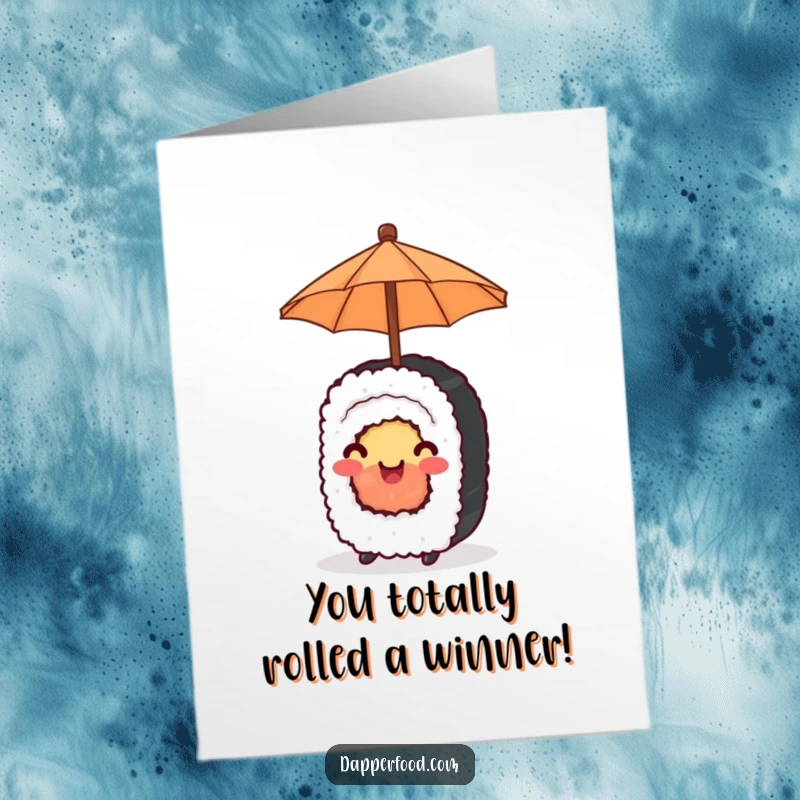 Funny Free Printable Congrats Card: A happy sushi roll under a tiny umbrella offers congratulations in a delightful way.
