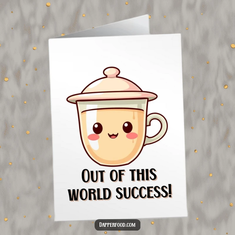 Funny Free Printable Congratulations Card with a delightful coffee cup character, its lid a flying saucer, hovering happily.