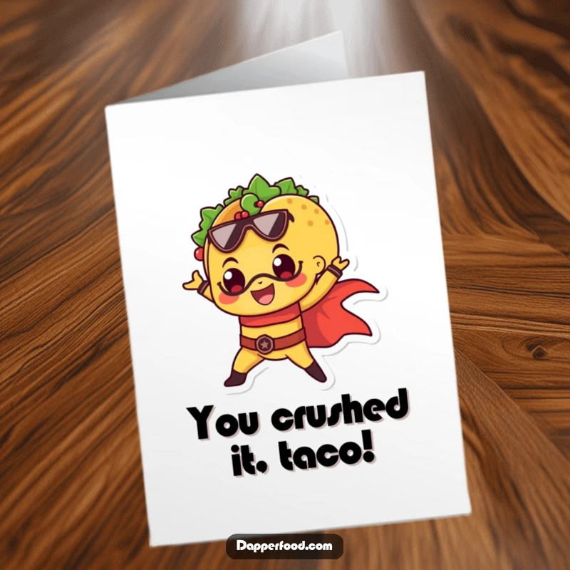 Funny Free Printable Congratulations Card: A taco striking a superhero pose with flair, celebrating success, DIY printable