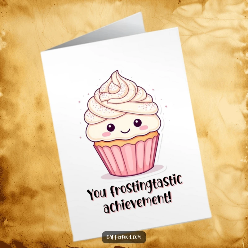 Funny Free Printable Congratulations Card with a happy cupcake character, frosting hair, and a glitter shower, celebrating success.
