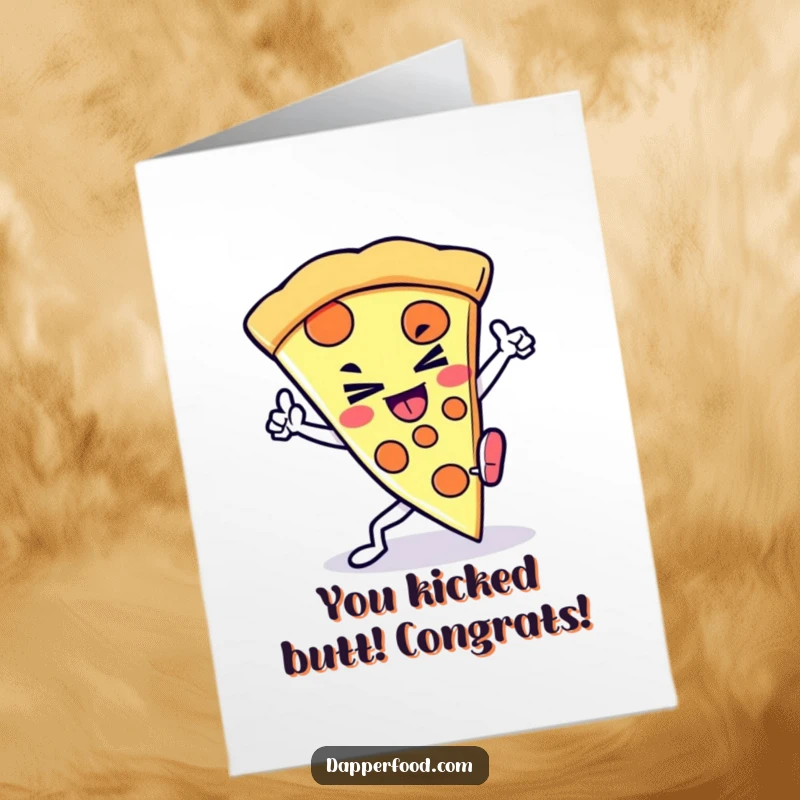 Funny Free Printable Congrats Card: Kawaii pizza slice character with a determined grin, kicking towards victory.