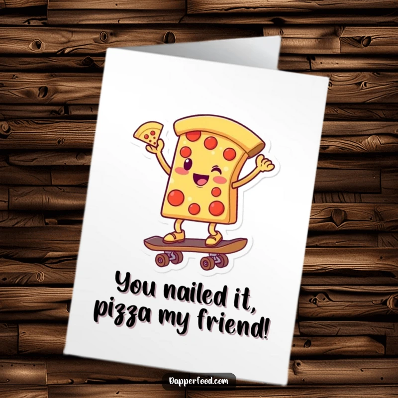 Funny Free Printable Congrats Card: Pizza character on skateboard, celebrating success with a daring trick, downloadable.
