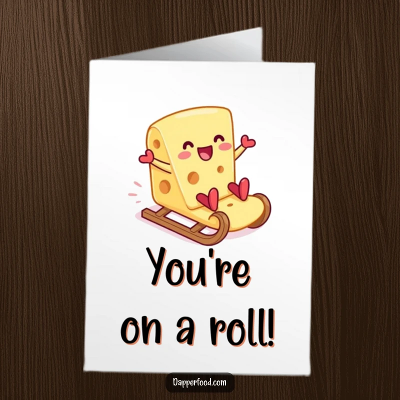 Funny Free Printable Congratulations Card: A happy cheese slice joyfully sliding down a large cracker.