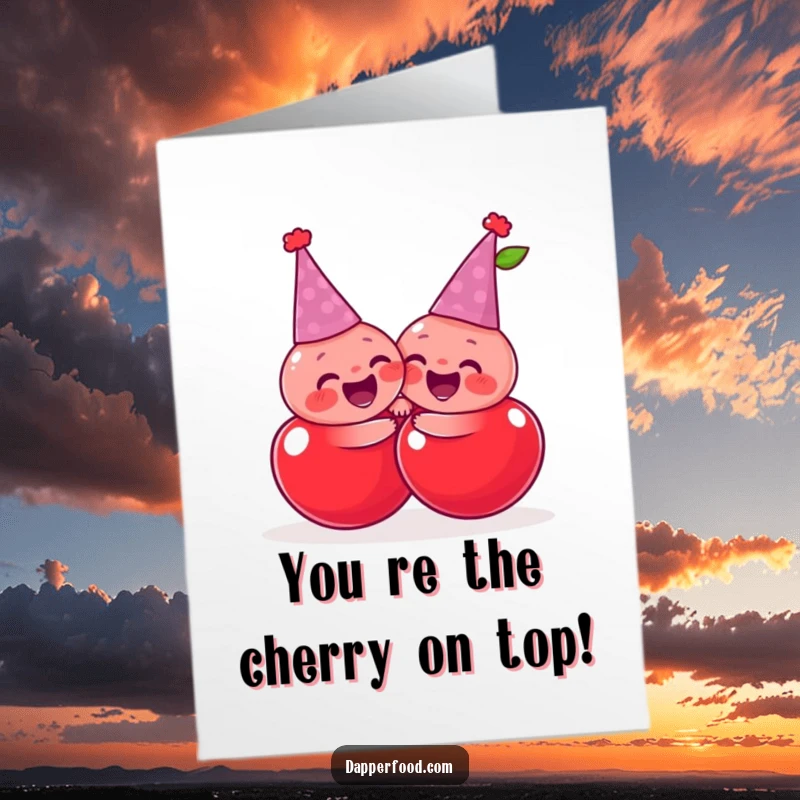 Funny Free Printable Congrats Card: Giggling cherries in tiny party hats share a joyful, exaggerated hug, celebrating success.