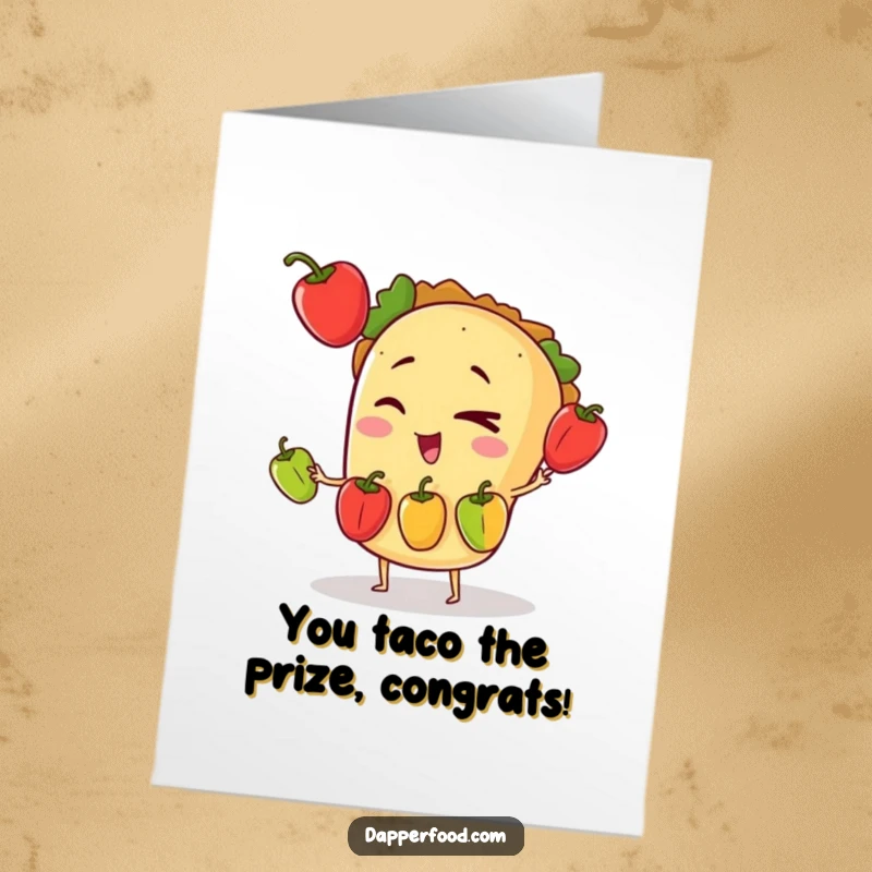 Funny Free Printable Congrats Card: Winking taco character juggling bell peppers, celebrating success with flair, downloadable art.