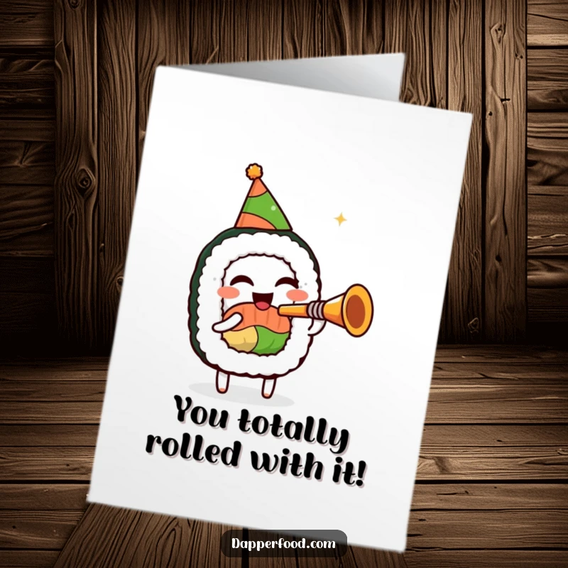 Funny Free Printable Congratulations Card: A festive sushi roll in a party hat playing a miniature trumpet, celebrating a win.