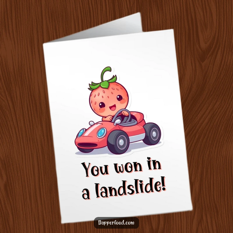 Funny Free Printable Congratulations Card featuring a smiling strawberry character in a tiny race car, crossing the finish line.