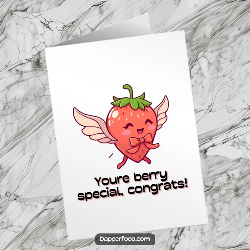 Funny Free Printable Congratulations Card: A delightful strawberry with wings and a ribbon flies, celebrating a sweet victory.