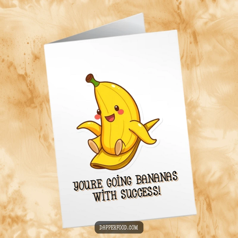 Funny Free Printable Congratulations Card: Smiling banana sliding down a banana peel, celebrating success.