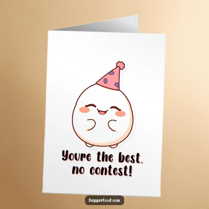 Funny Free Printable Congratulations Card: Cheerful dumpling winking in a tiny party hat, celebrating success.