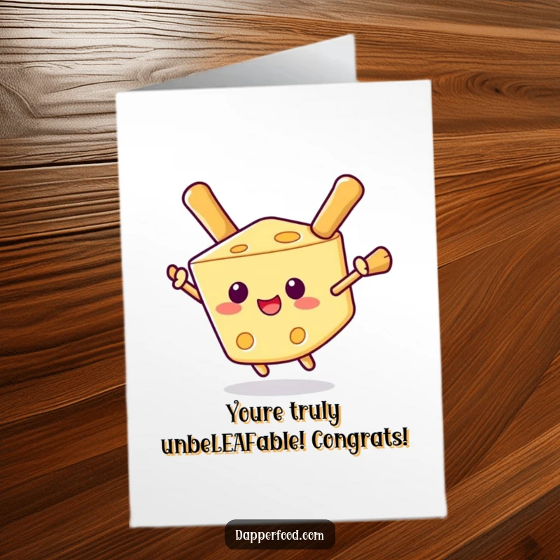 Funny Free Printable Congratulations Card: Delighted cheese wedge floating with breadstick wings, cheering for success.