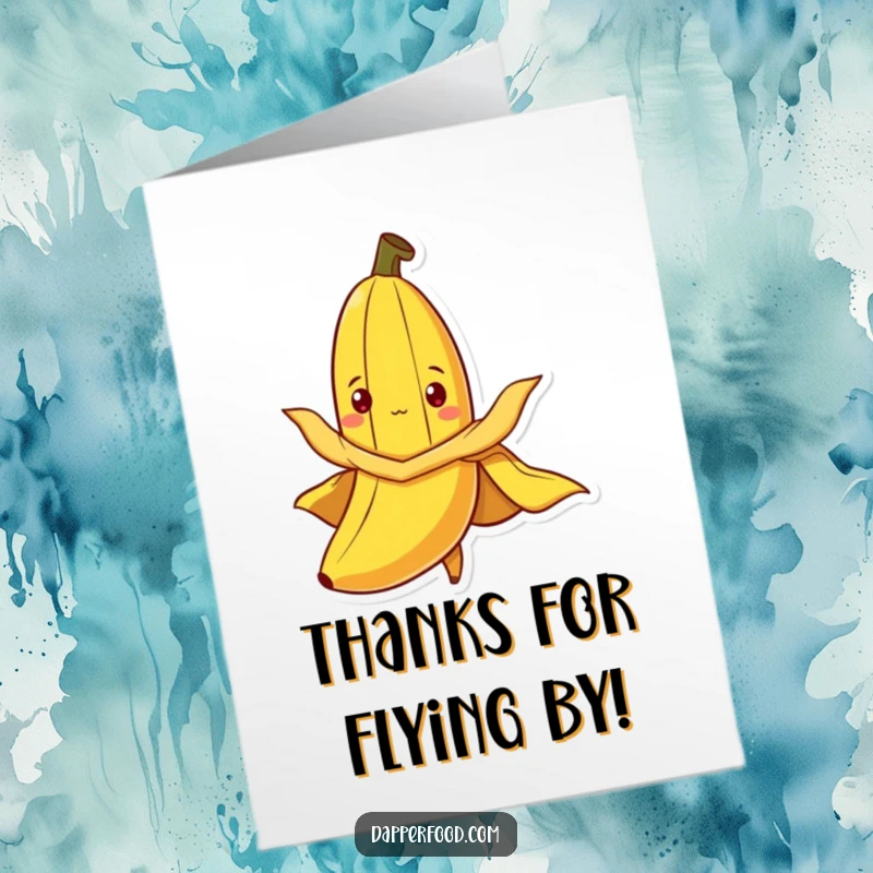 Funny Free Printable Thank You Card with a curious banana in a flying peel cape spreading gratitude.