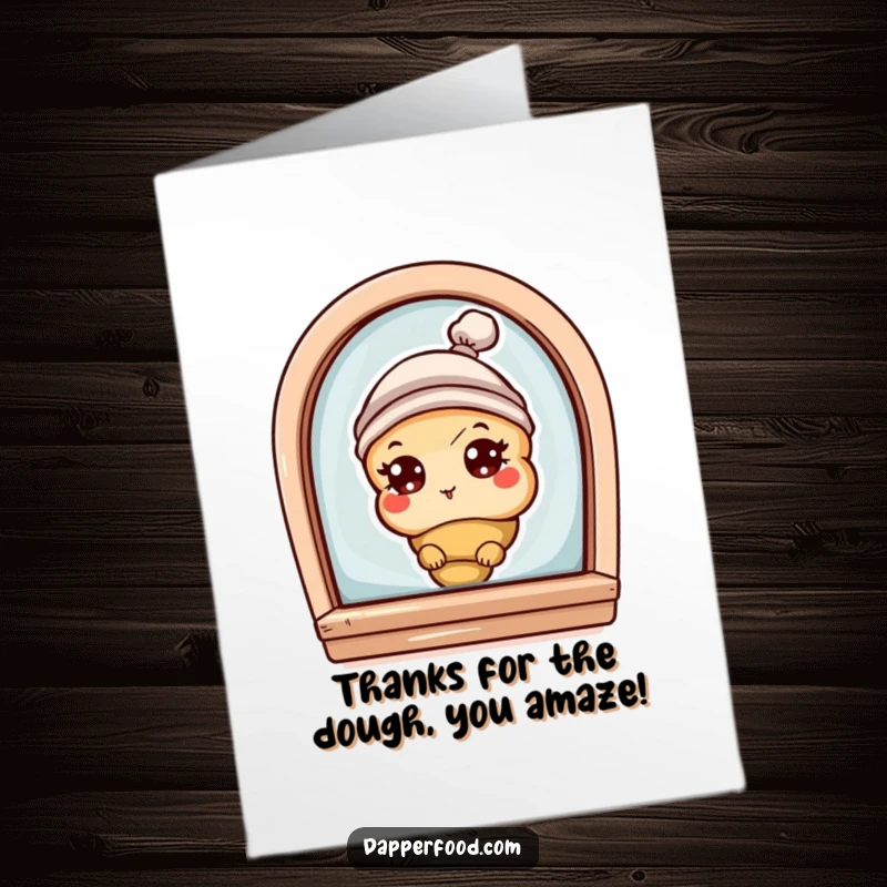 Funny Free Printable Thank You Card: A curious croissant with eyes and hat peeks from a bakery window, expressing thanks.