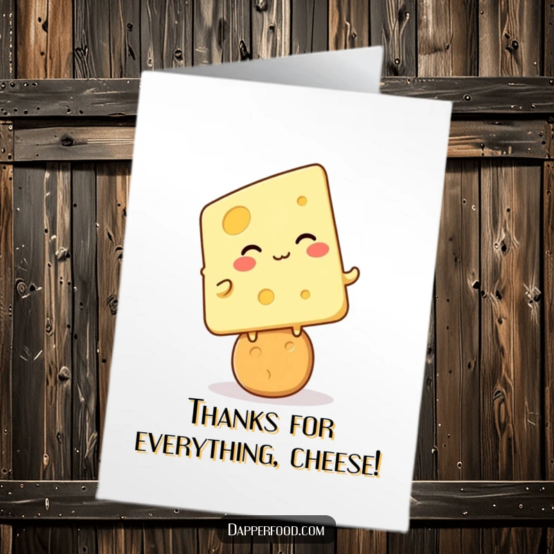 Funny Free Printable Thank You Card: A happy Kawaii cheese slice giggling while balanced on a cracker, expressing thanks. Downloadable art.