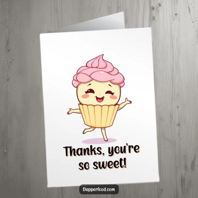 Funny Free Printable Thank You Card: A giggling cupcake character with frosting hair doing a pirouette to express sweet, humorous thanks