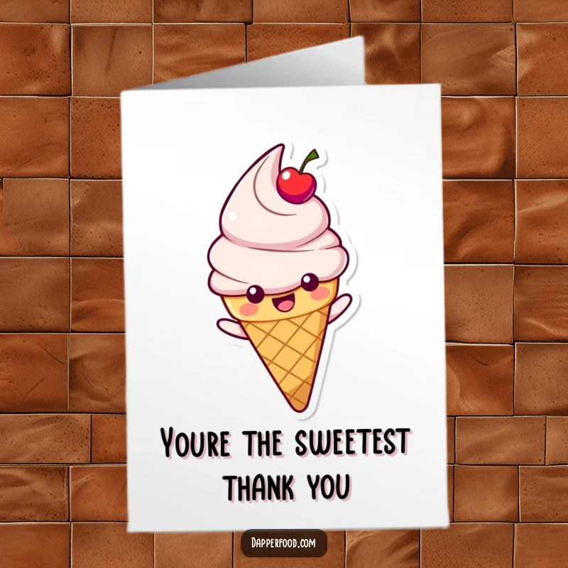 Funny Free Printable Thank You Card: A happy ice cream cone with a cherry topping, sliding down a rainbow to say thanks.