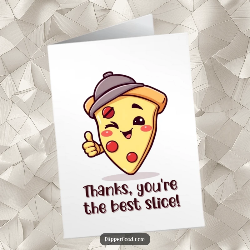 Funny Free Printable Thank You Card: A winking pizza slice with a hat attempting a handstand to show heartfelt, humorous thanks
