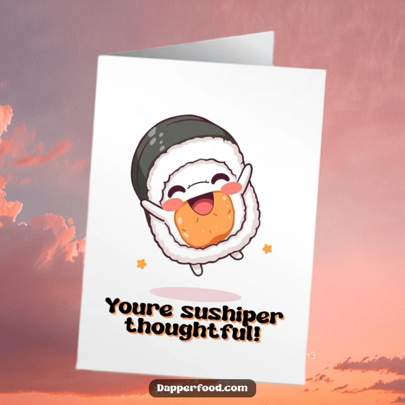 Funny Free Printable Thank You Card: A zippy Kawaii sushi roll executing a somersault, expressing thanks. Downloadable art.