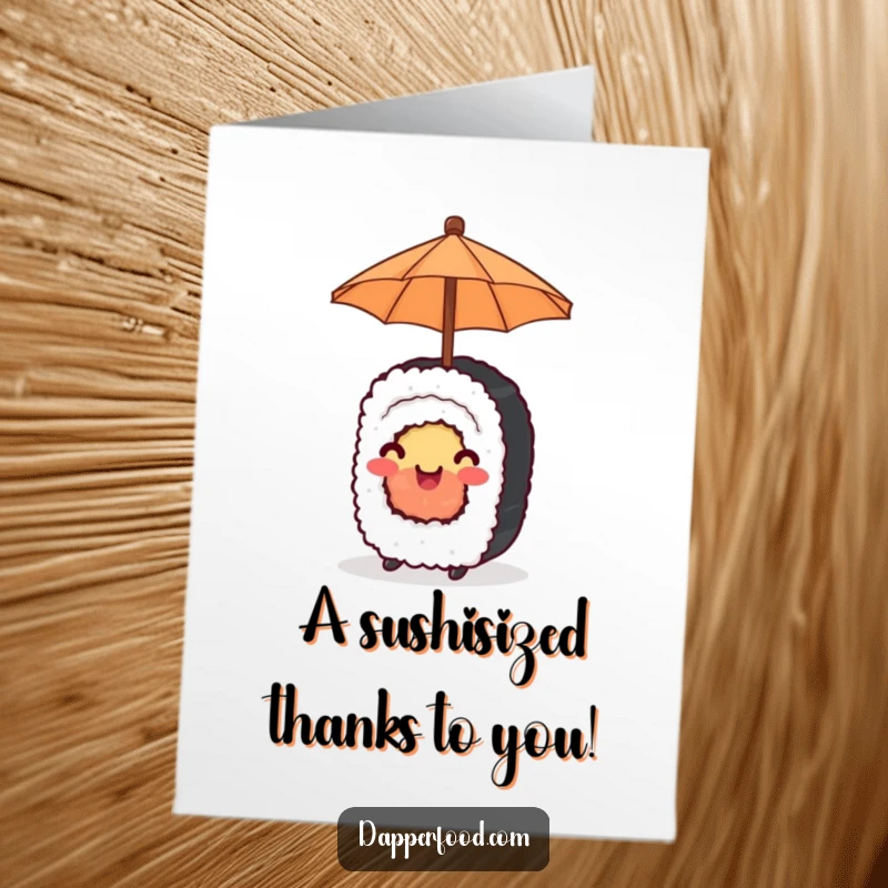 Funny Free Printable Thank You Card: A happy sushi roll shelters under a tiny umbrella, sending thanks with a smile.
