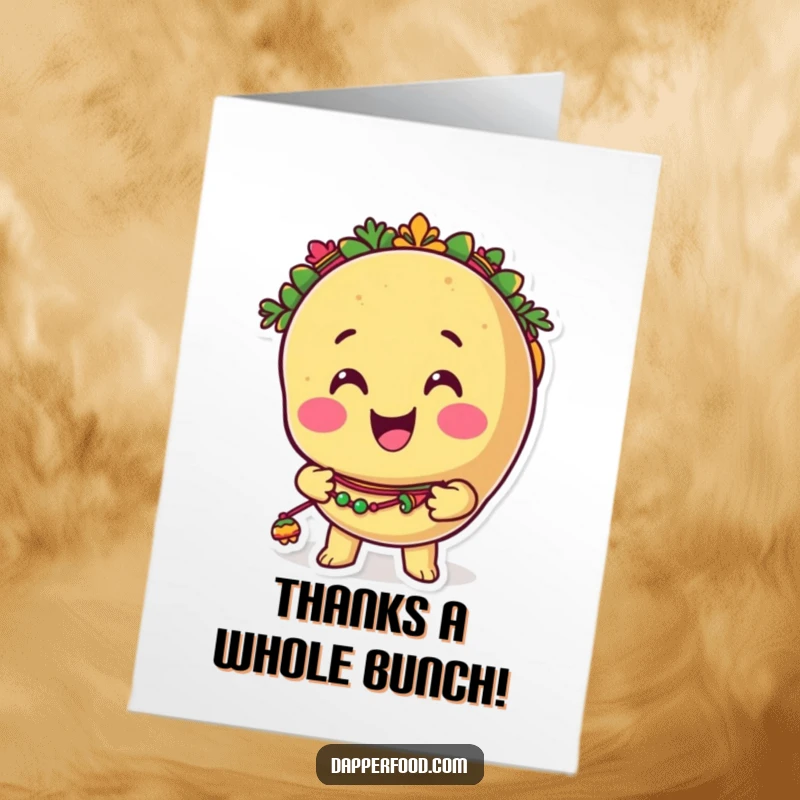 Funny Free Printable Thank You Card: Smiling taco shaking colorful maracas, perfect for expressing thanks humorously.