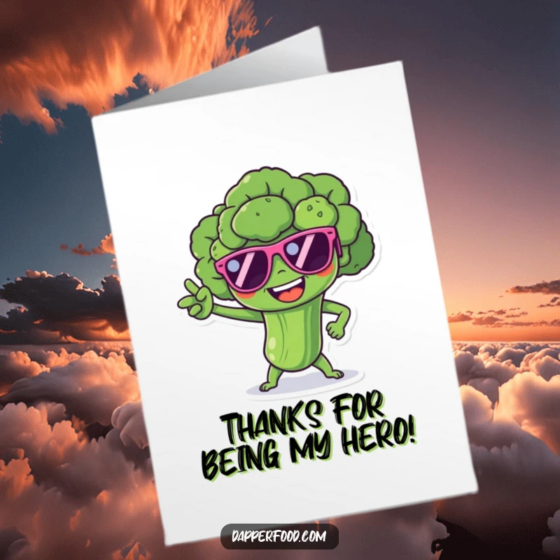 Funny Free Printable Thank You Card: Broccoli superhero in tiny sunglasses strikes a dramatic pose, conveying thanks.