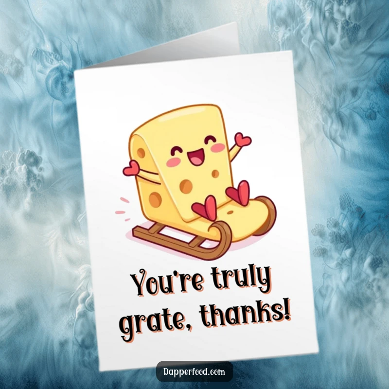 Funny Free Printable Thank You Card: A smiling cheese slice gleefully sliding down a giant cracker.