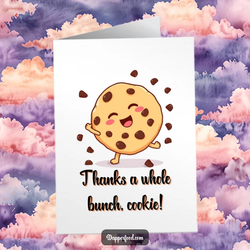 Funny Free Printable Thank You Card: A giggling cookie character doing a cartwheel with chips flying.
