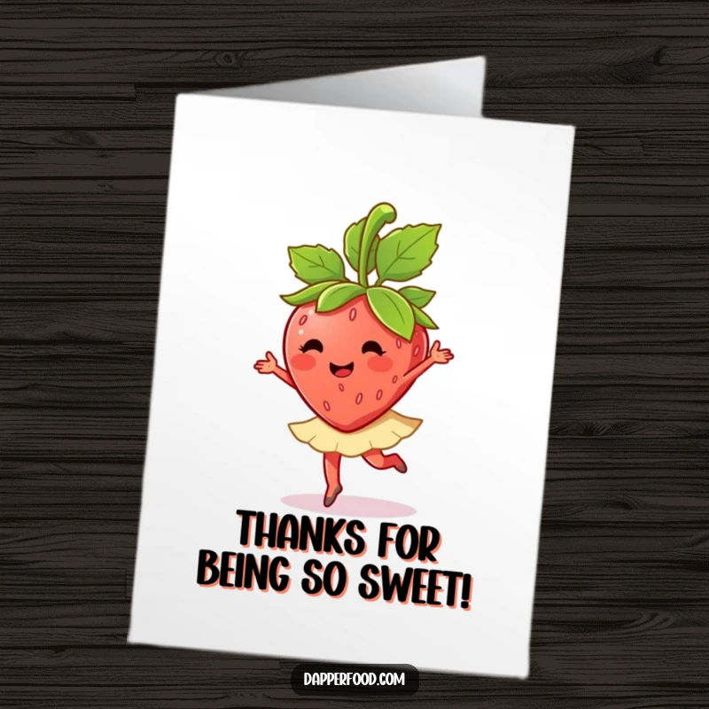 Funny Free Printable thank you card: A happy anthropomorphic strawberry character doing a ballet twirl, showing appreciation with grace.