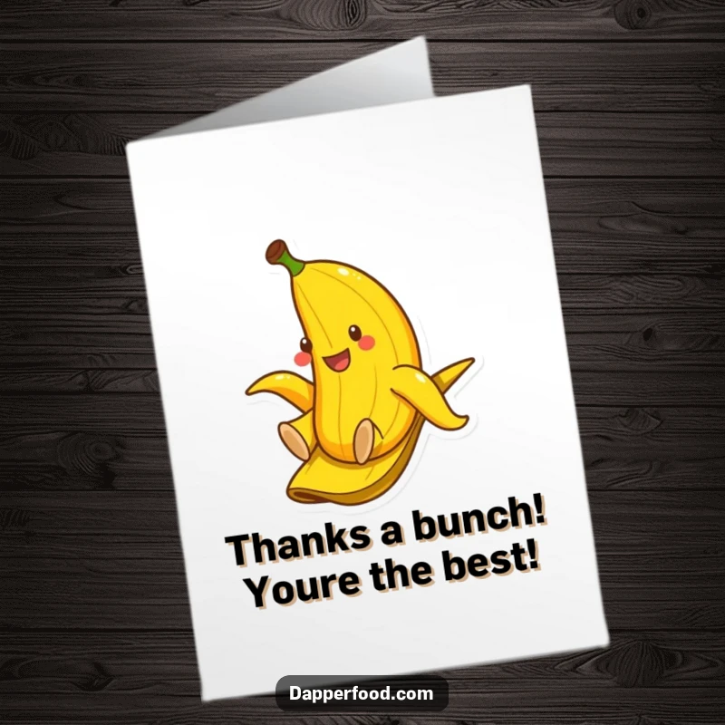 Funny Free Printable Thank You Card: Smiling banana sliding down a banana peel, expressing thanks.