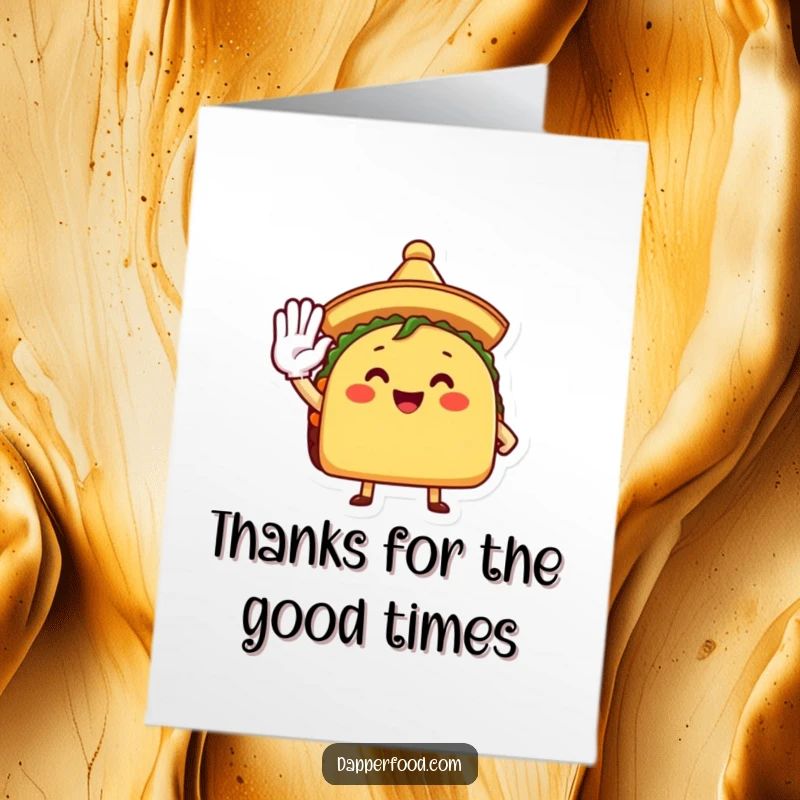 Funny Free Printable Thank You Card: A happy taco in a festive sombrero salutes, conveying heartfelt thanks.