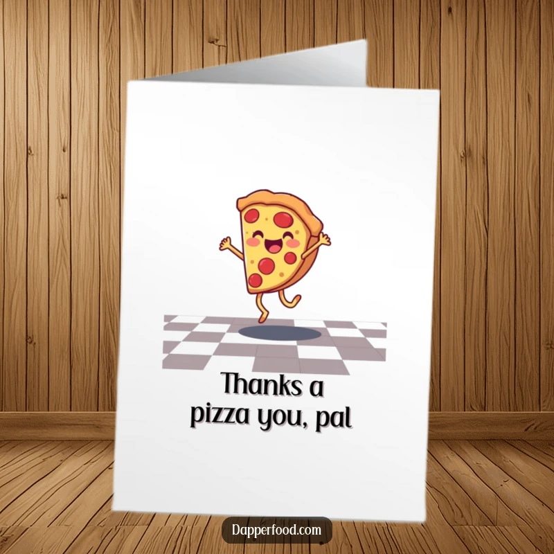 Funny Free Printable Thank You Card: Smiling pizza slice cartwheeling, checkered floor, heartfelt thanks digital card