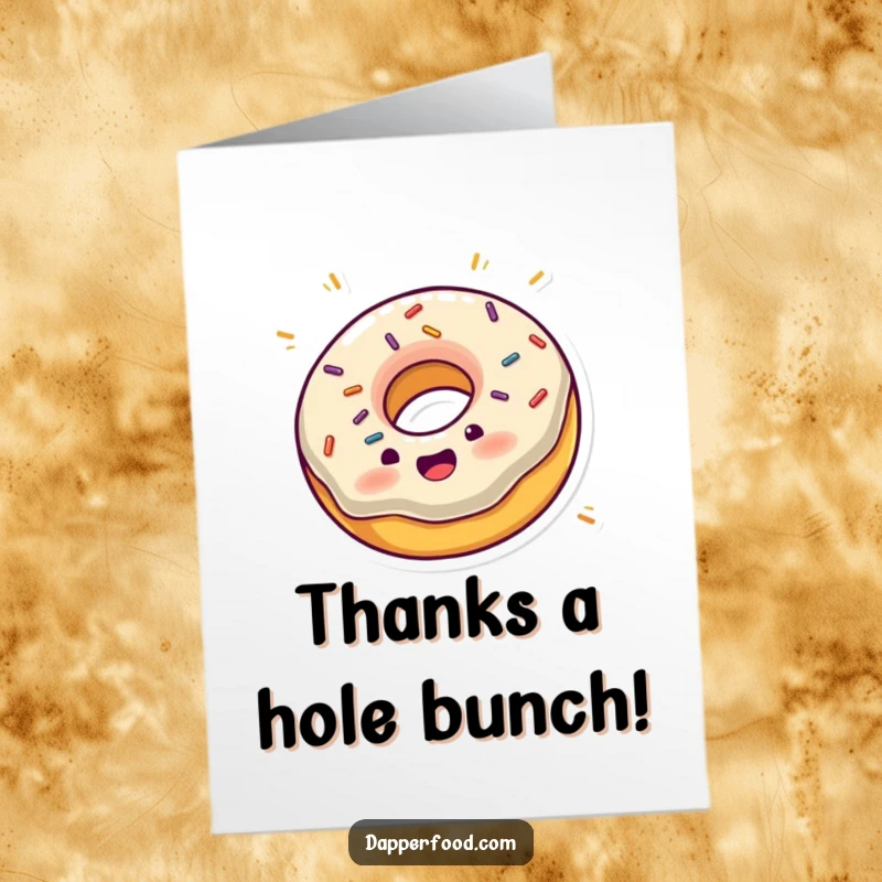 Funny free printable thank you card: A donut with sprinkles spinning with joy, expressing sweet thanks.