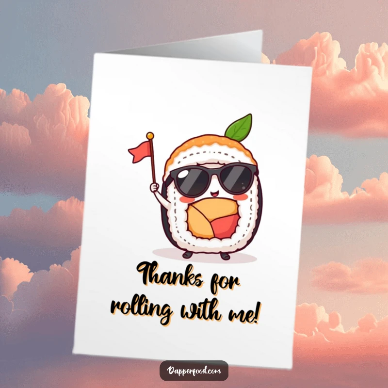 Funny Free Printable thank you card: Cool sushi roll character in tiny sunglasses waves a tiny flag, expressing gratitude.