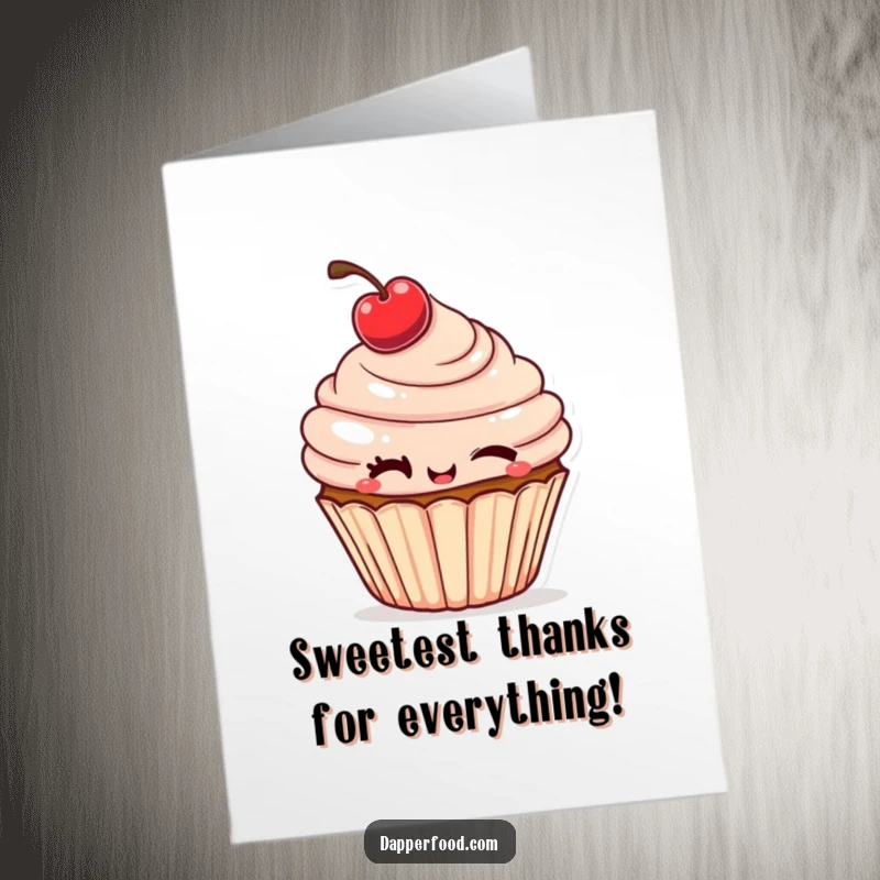 Funny Free Printable Thank You Card: A cheeky cupcake with a slanted cherry gives a sly wink, perfect for thanks.