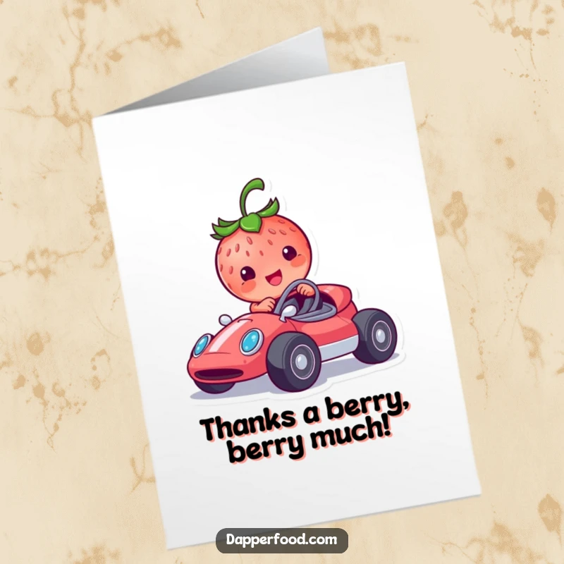 Funny Free Printable Thank You Card with a smiling strawberry character racing a tiny car, speeding to say thanks.