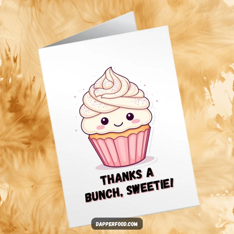 Funny Free Printable Thank You Card featuring a happy cupcake character with frosting hair, showered in glitter, expressing thanks.