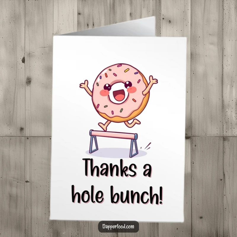 Funny Free Printable Thank You Card: A happy donut character with sprinkles leaping over a small obstacle, conveying thanks
