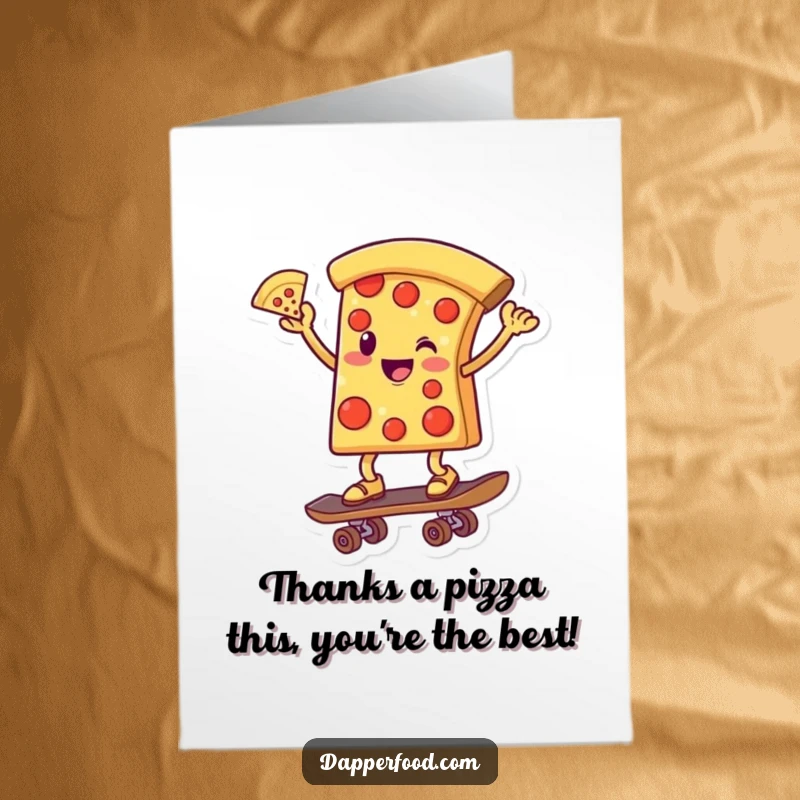 Funny Free Printable Thank You Card: Pizza character skateboarding, expressing thanks with a cool gesture, downloadable art.