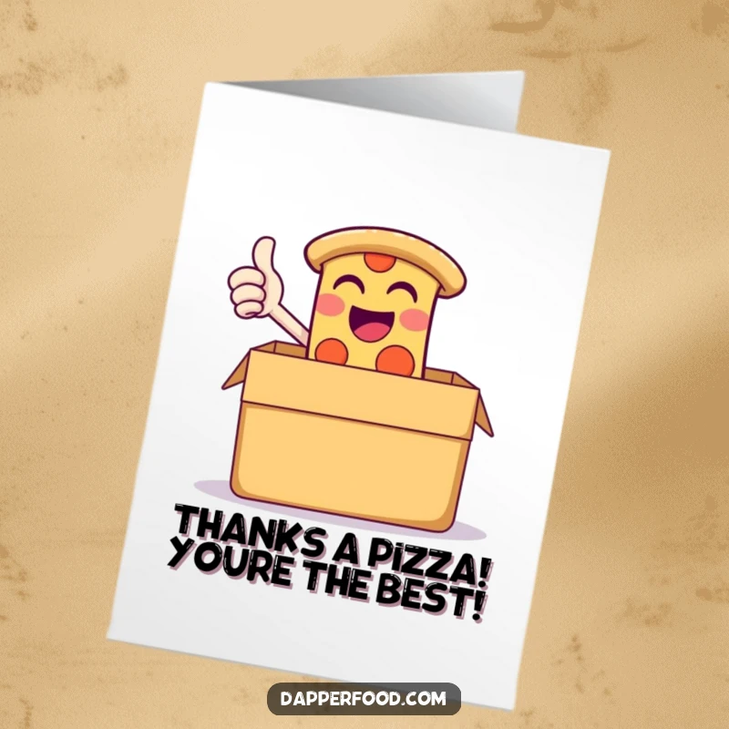 Funny Free Printable Thank You Card: Giggling pizza slice gives a thumbs-up from a box, expressing thanks.