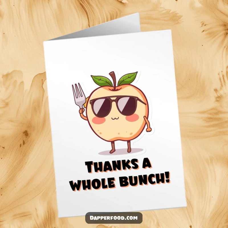 Funny free printable thank you card featuring a blushing apple with legs, sunglasses, and a tiny fork salute, expressing thanks.