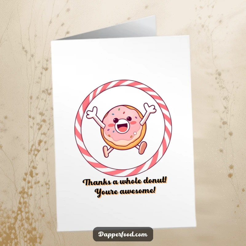 Funny Free Printable Thank You Card: Gleeful donut jumping through a licorice hoop, expressing thanks.