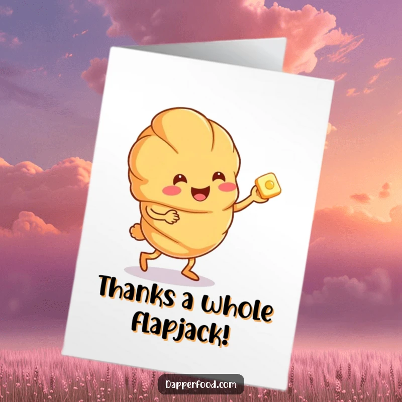 Funny free printable thank you card: A happy croissant character doing a celebratory jig with a tiny pat of butter.