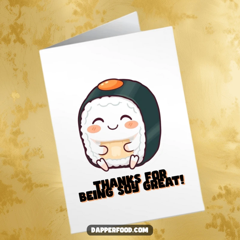 Funny free printable thank you card: A grinning sushi roll meditating peacefully, conveying calm thanks, gentle art.