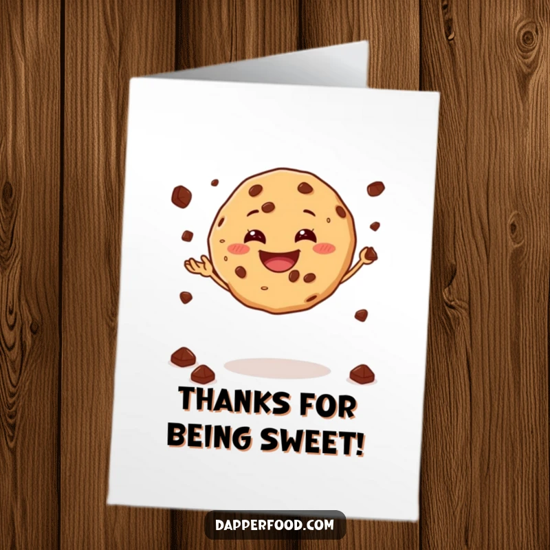 Funny Free Printable Thank You Card: A grinning cookie gleefully juggling chocolate chips, conveying thanks, unique downloadable art