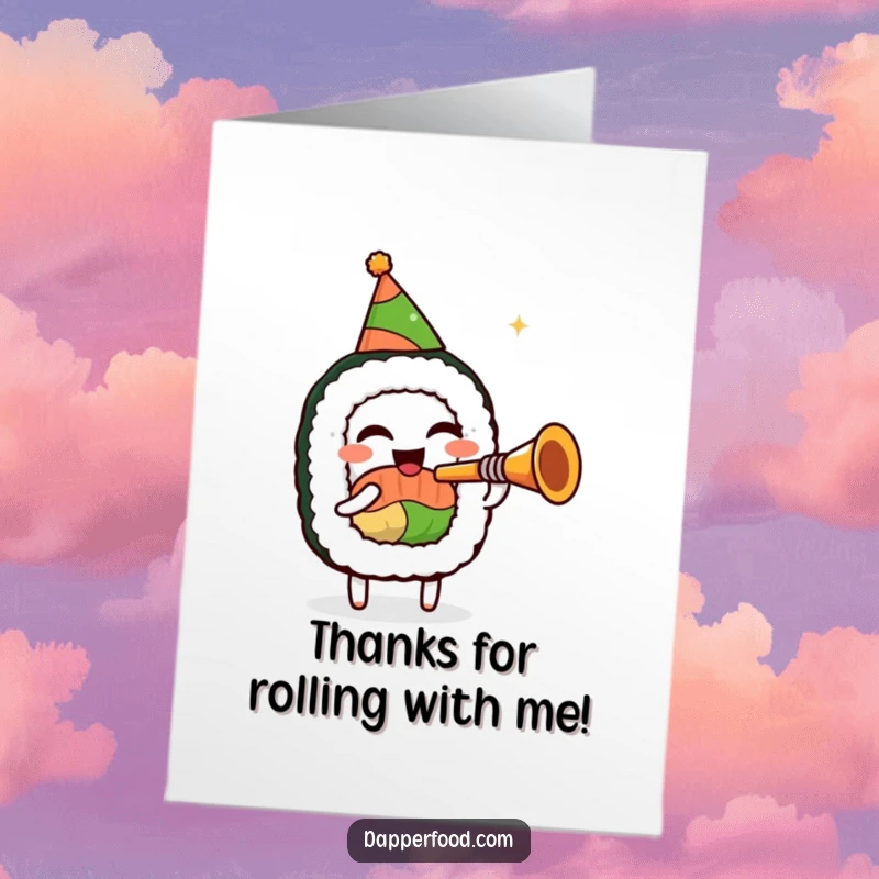 Funny Free Printable Thank You Card: A sushi roll character in a party hat enthusiastically playing a tiny trumpet, offering thanks.