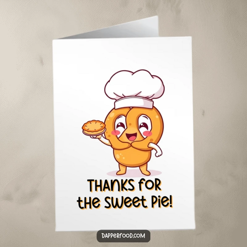 Funny Free Printable Thank You Card: Pretzel character in an oversized chef hat triumphantly presents a miniature pie, expressing thanks.