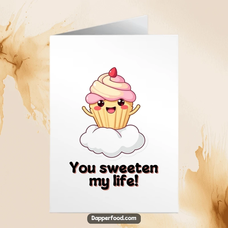 Funny Free Printable Thank You Card: A happy Kawaii cupcake bouncing on a cloud, conveying thanks. Downloadable art.