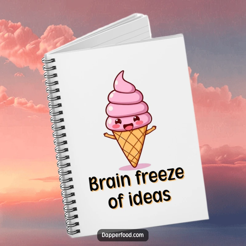 Funny Ice Cream Wobble Notebook featuring a joyous ice cream cone character with a wobbling topping, bopping along, great for notes.